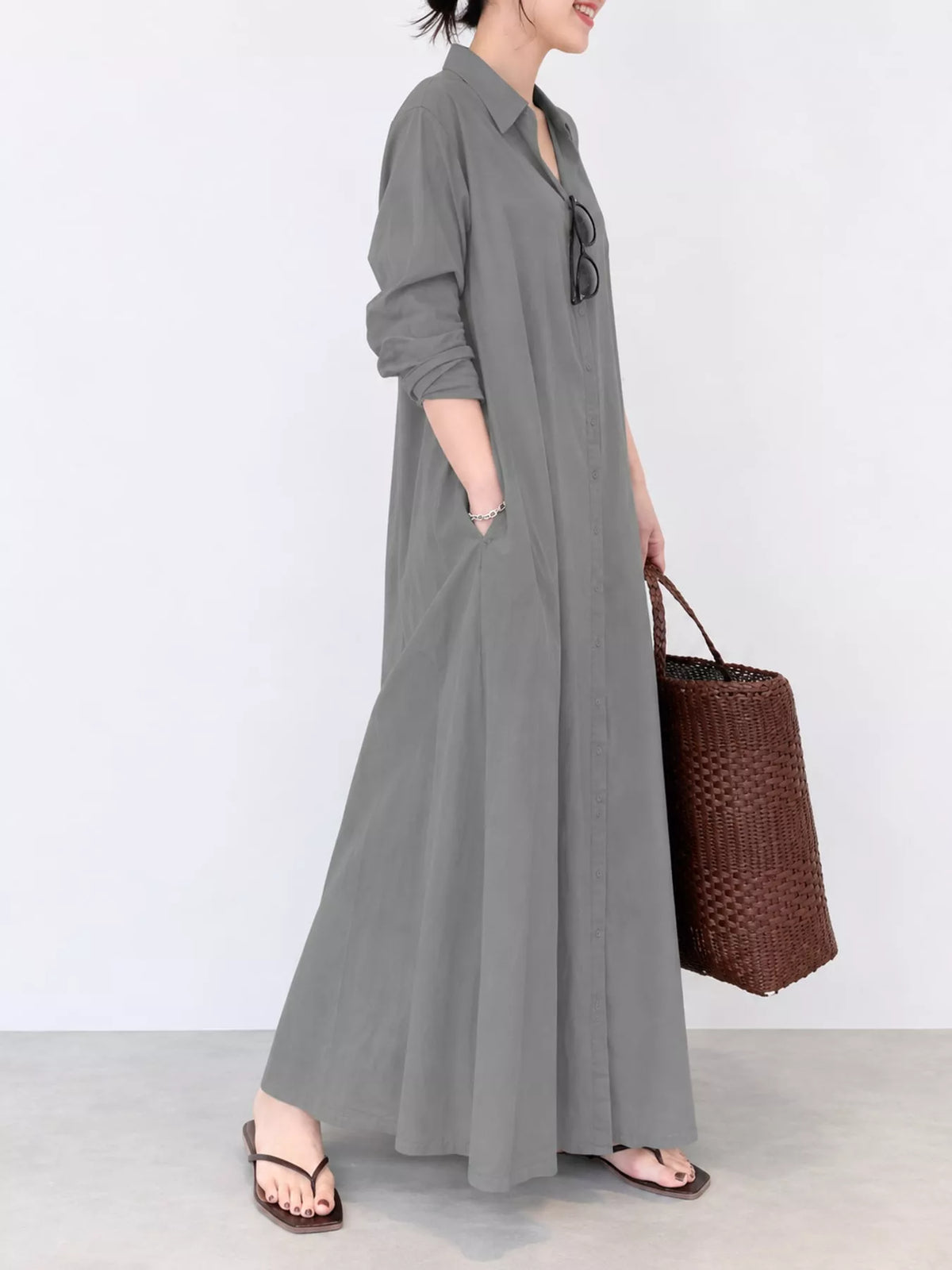 Full Size Button Front Long Sleeve Maxi Shirt Dress Plus Size