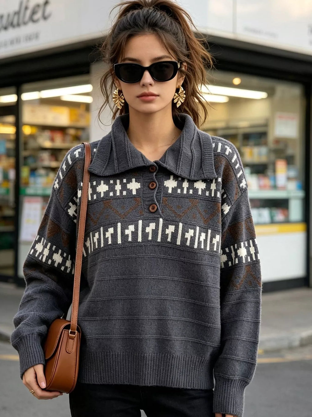 Vintage-Inspired Fair Isle Patterned Polo Sweater
