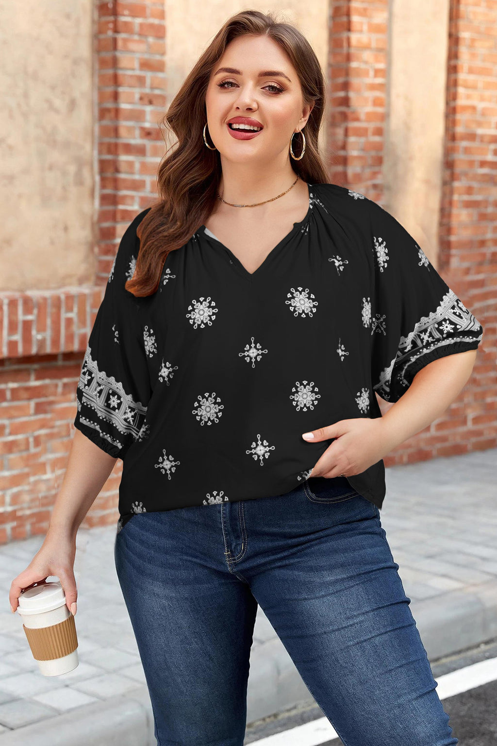 Black Boho Chic Notched V Neck Plus Floral Short Sleeve Top