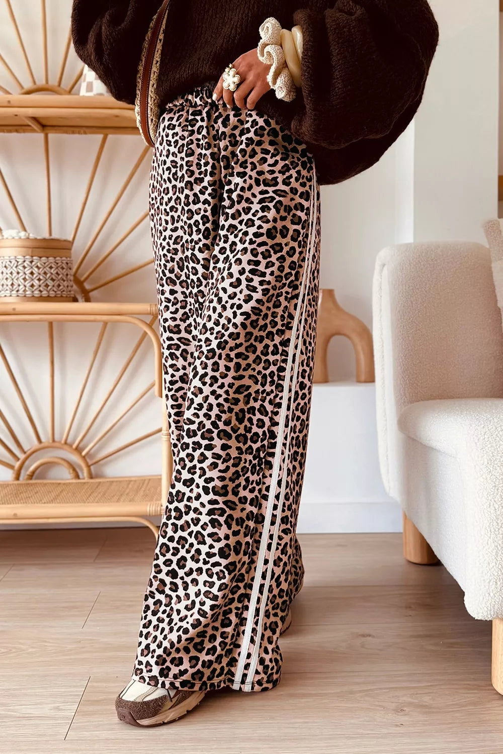 Leopard Print Side Striped Detail Casual Wide Leg Pants