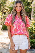 Pink Short Bubble Sleeve Summer Floral Blouse