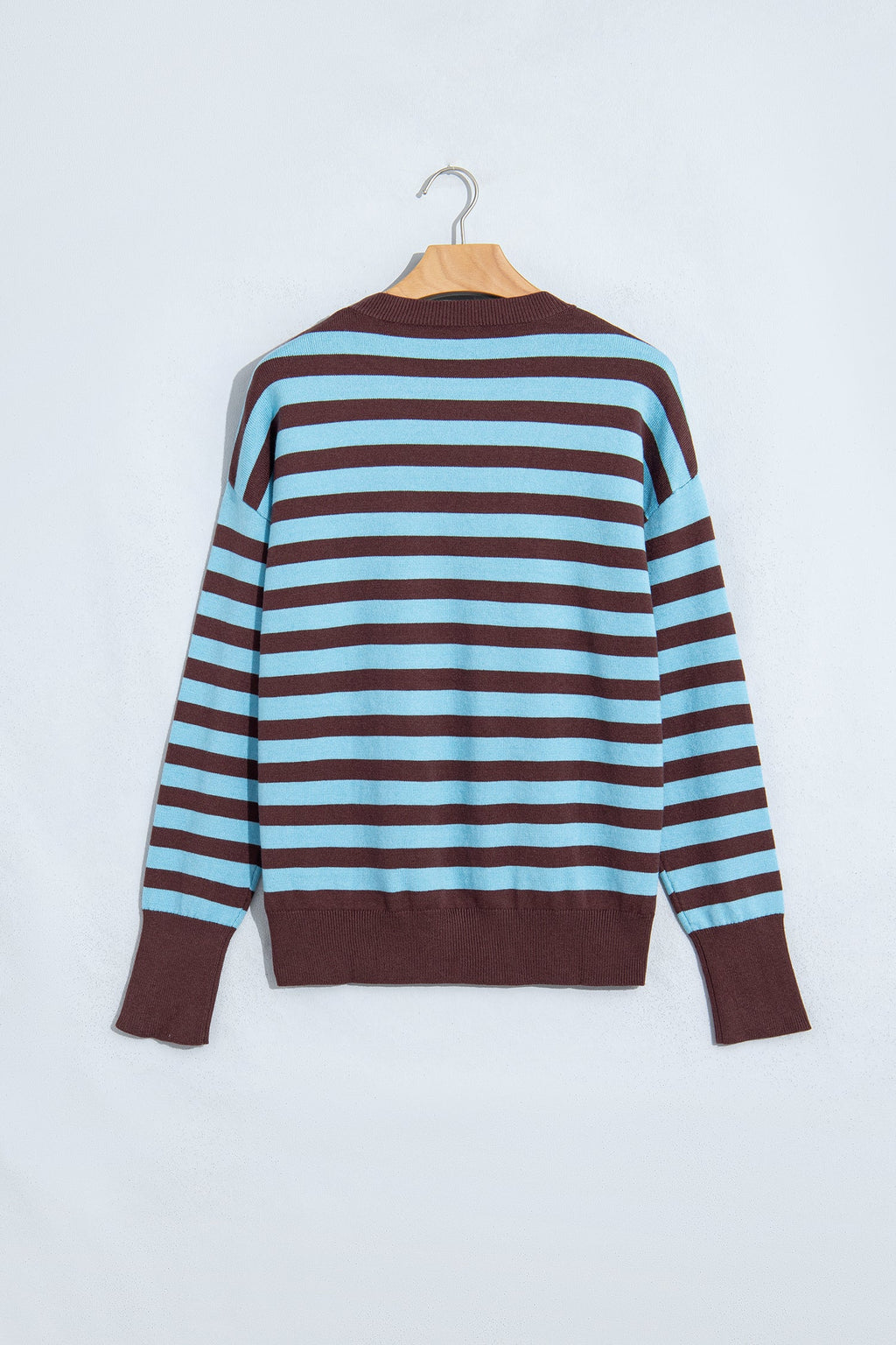 Brown Stripe Color Block Loose Crew Neck Cuffed Sweater