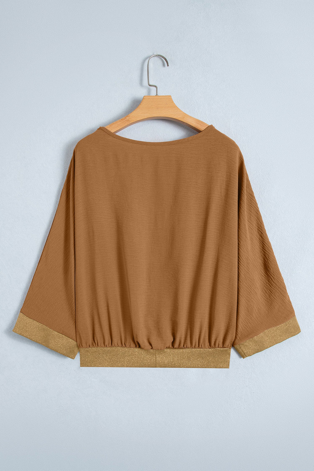 Brown V Neck Glitter Trim Patchwork Button-Front Blouse