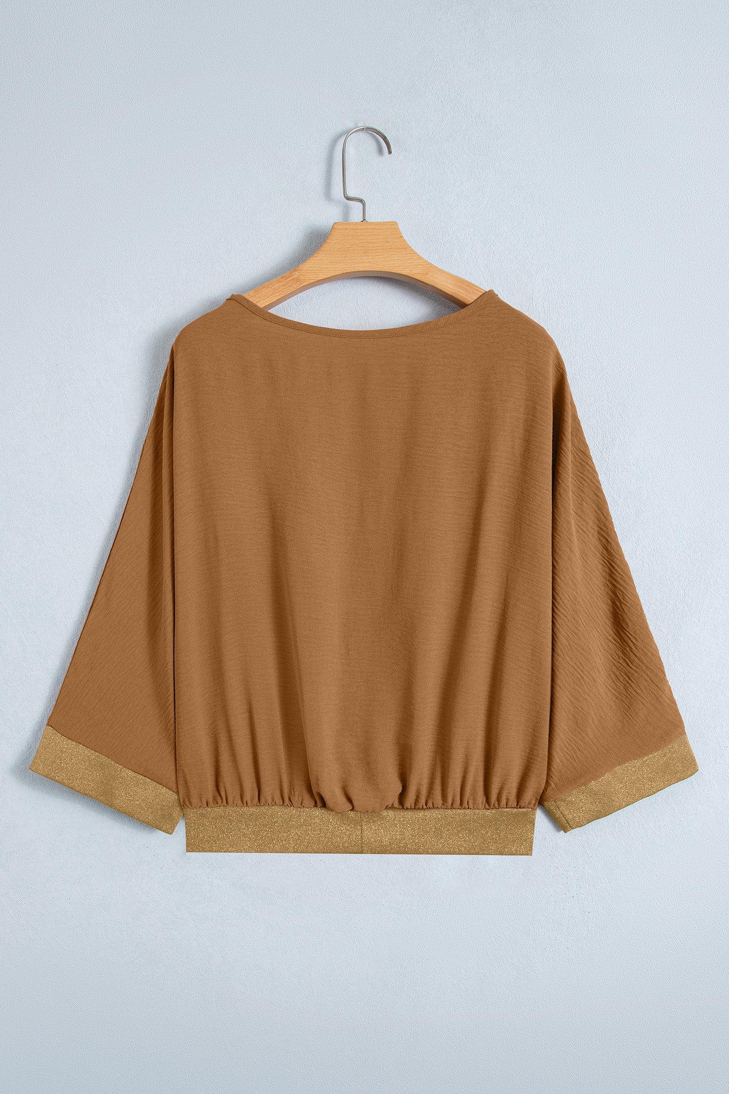 Brown V Neck Glitter Trim Patchwork Button-Front Blouse