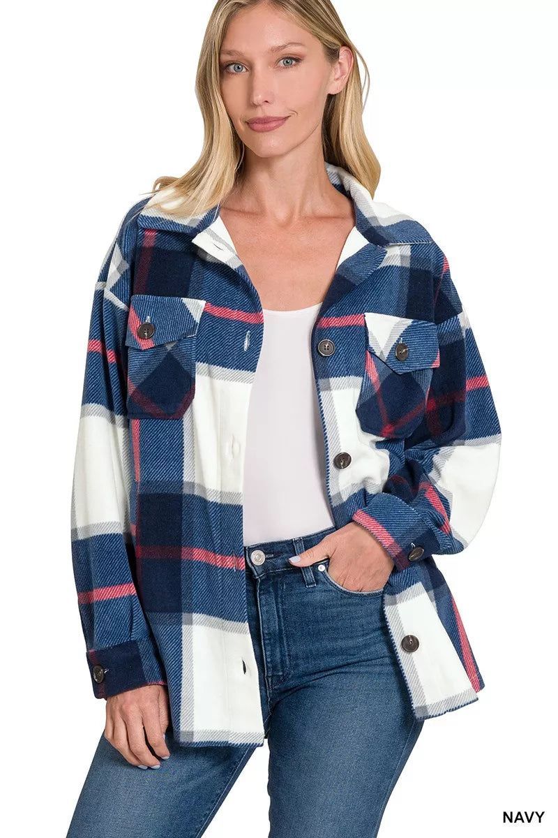 Oversized Plaid Fleece Shacket – Navy