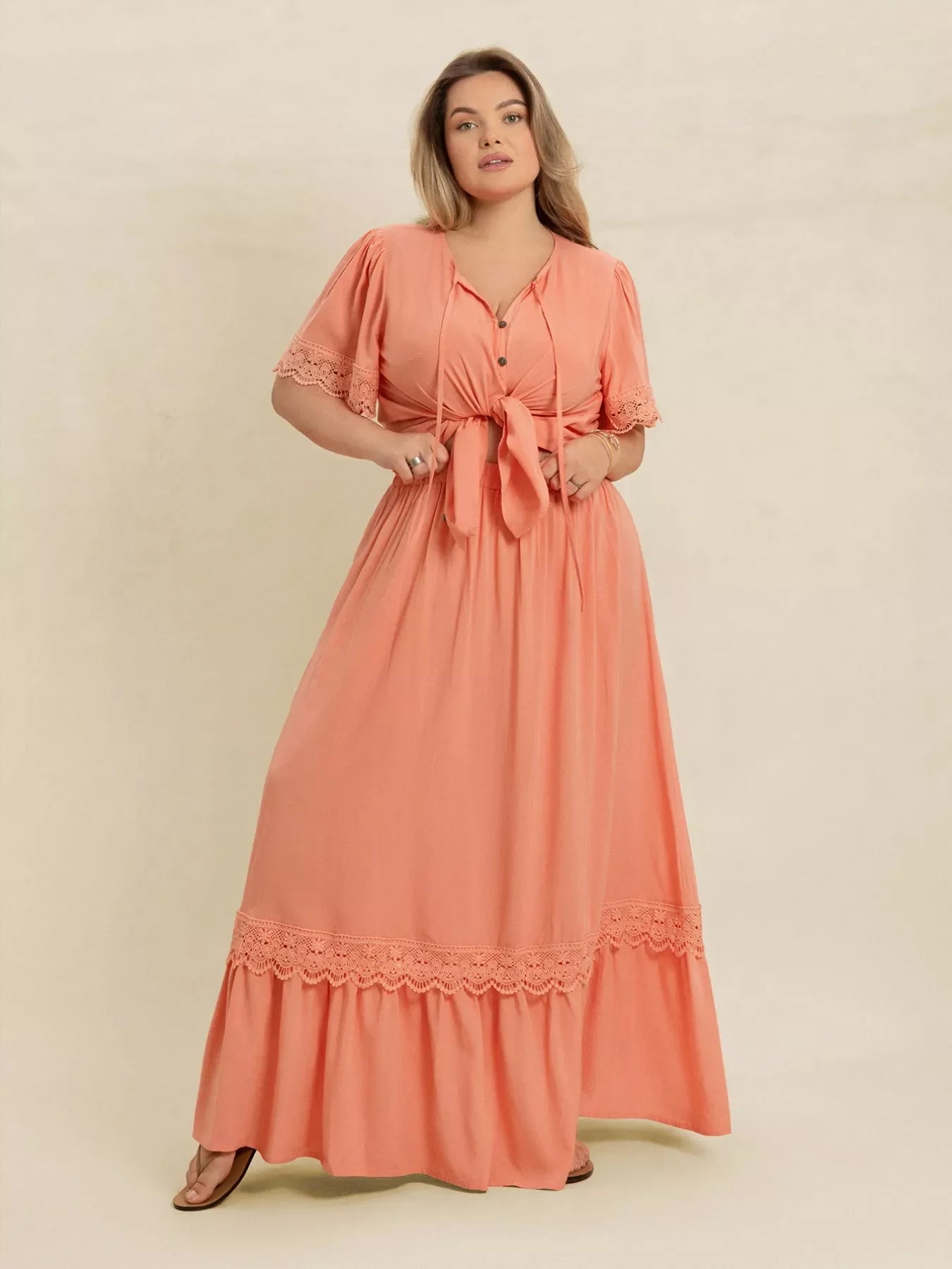 Lace Detail Tie Neck Top and Skirt Set