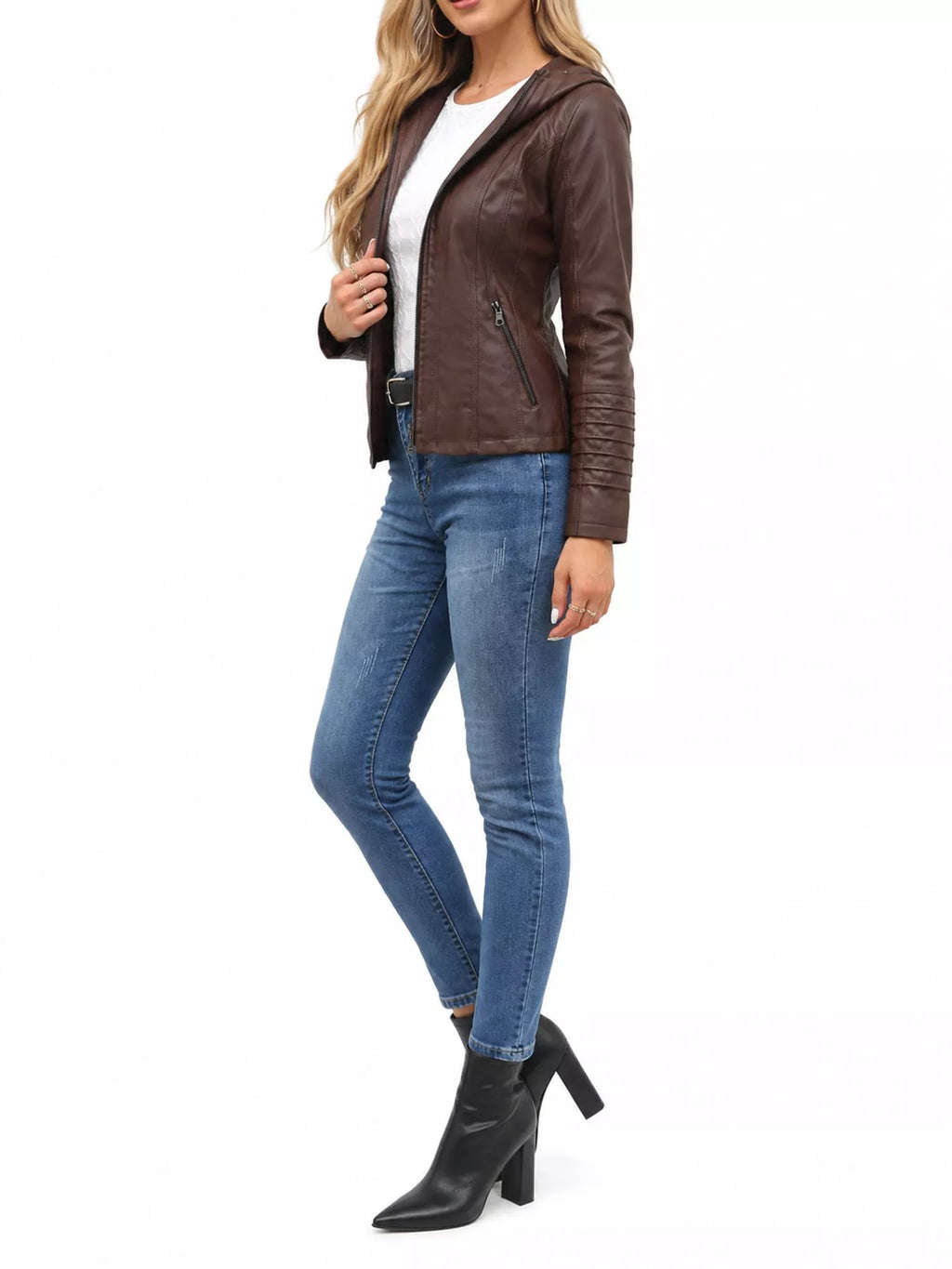 Full Size Detachable Hooded Faux Leather Moto Jacket Plus Size