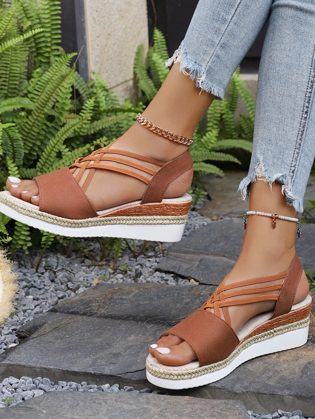 Cross-Strap Platform Wedge Sandals with Ankle Strap