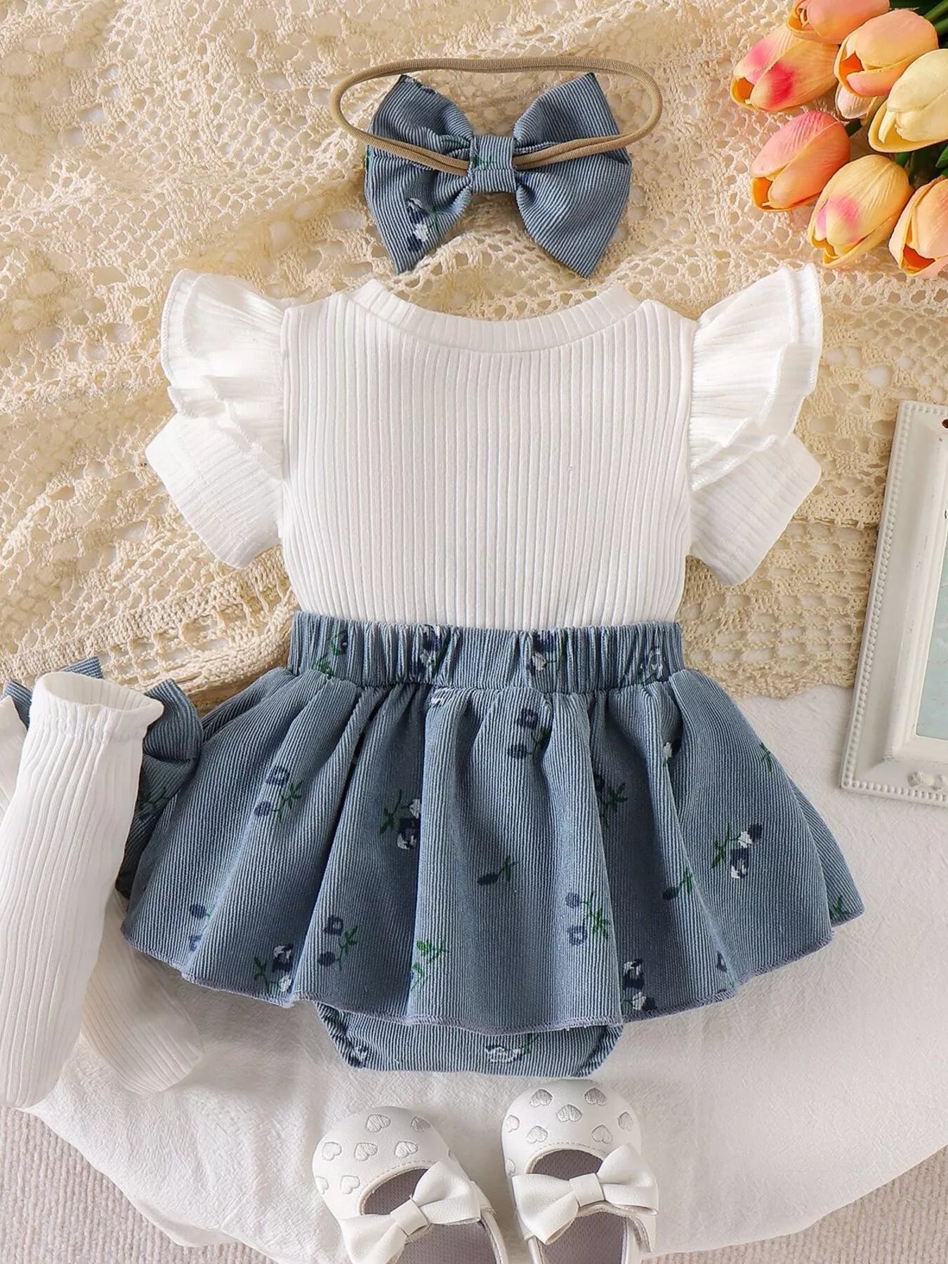 Children's Bow Ribbed Knit Dress & Headband & Socks Set