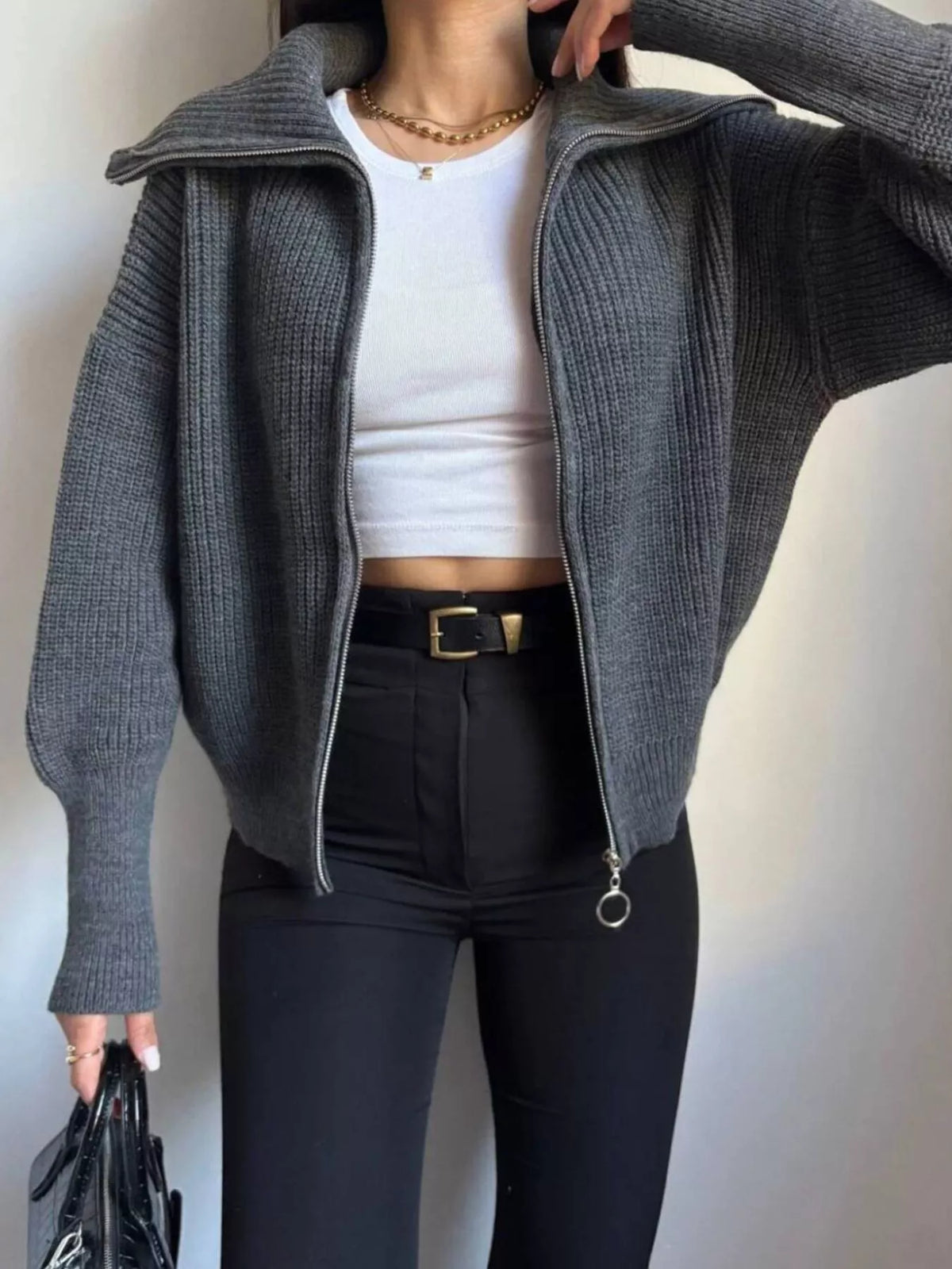 Zip Up Dropped Shoulder Cardigan