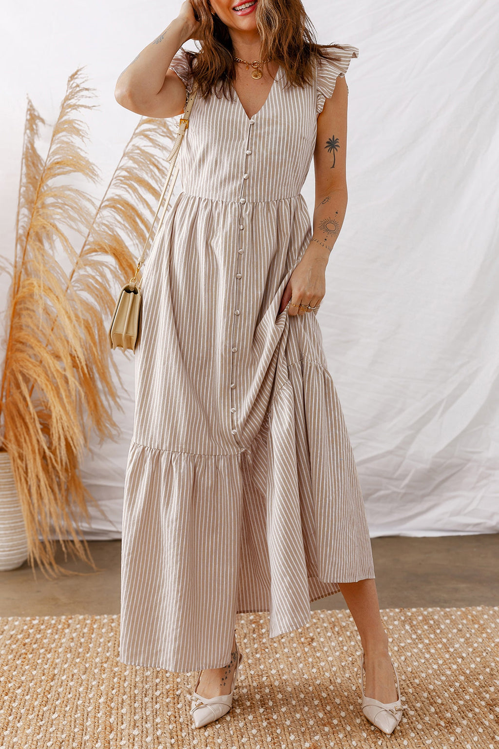 Stripe Flutter Sleeve Buttoned V-Neck Maxi Dress