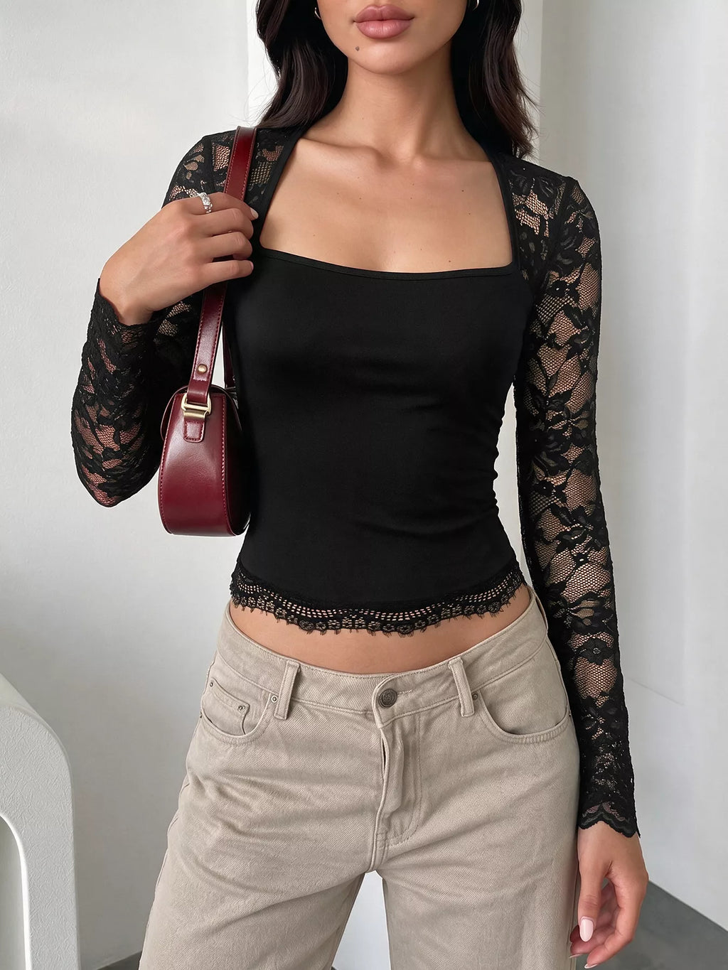 Lace Sleeve Square Neck Top