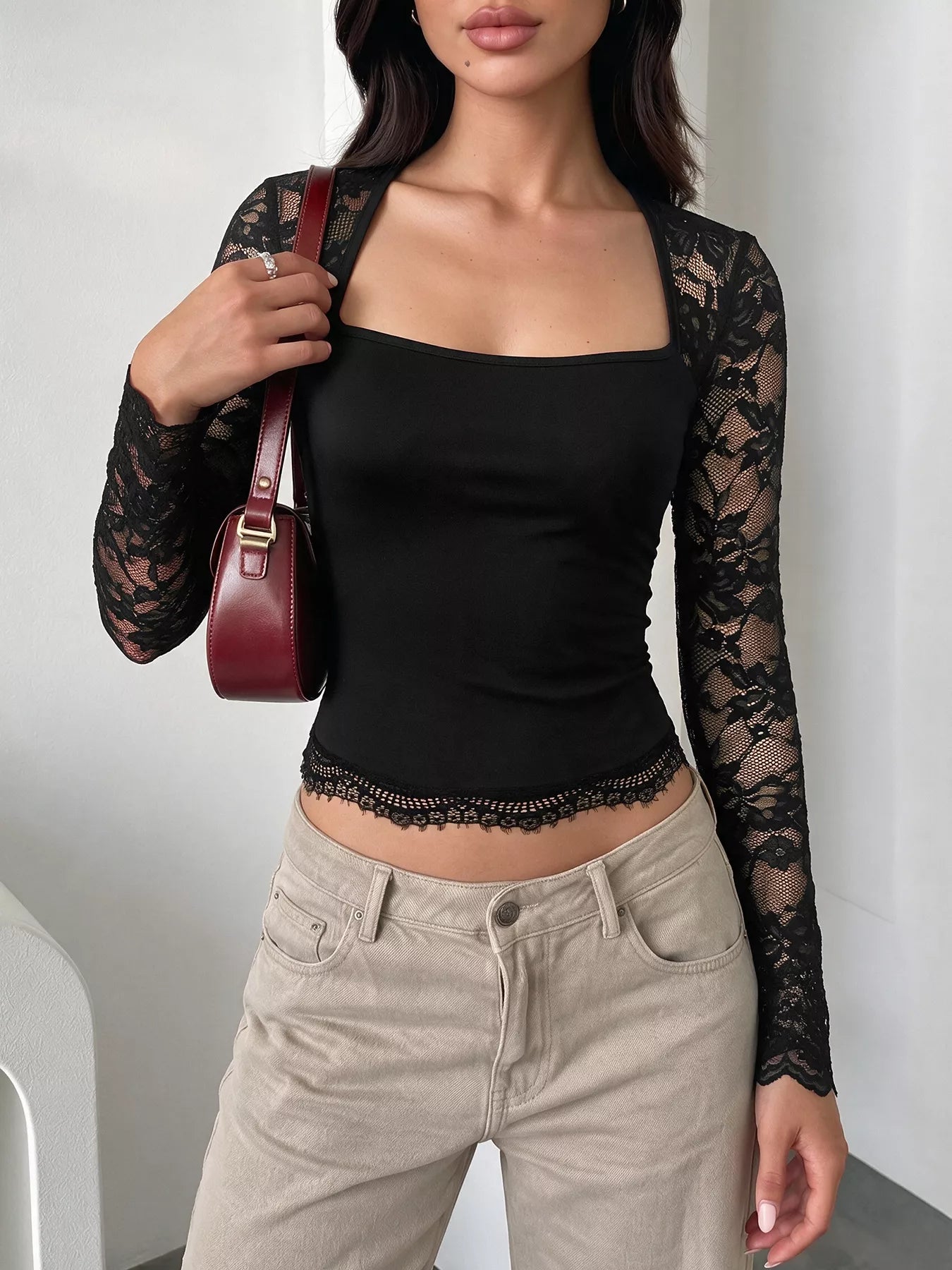 Lace Sleeve Square Neck Top