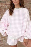 Gingham Long Sleeve Sweatshirt and Shorts Set