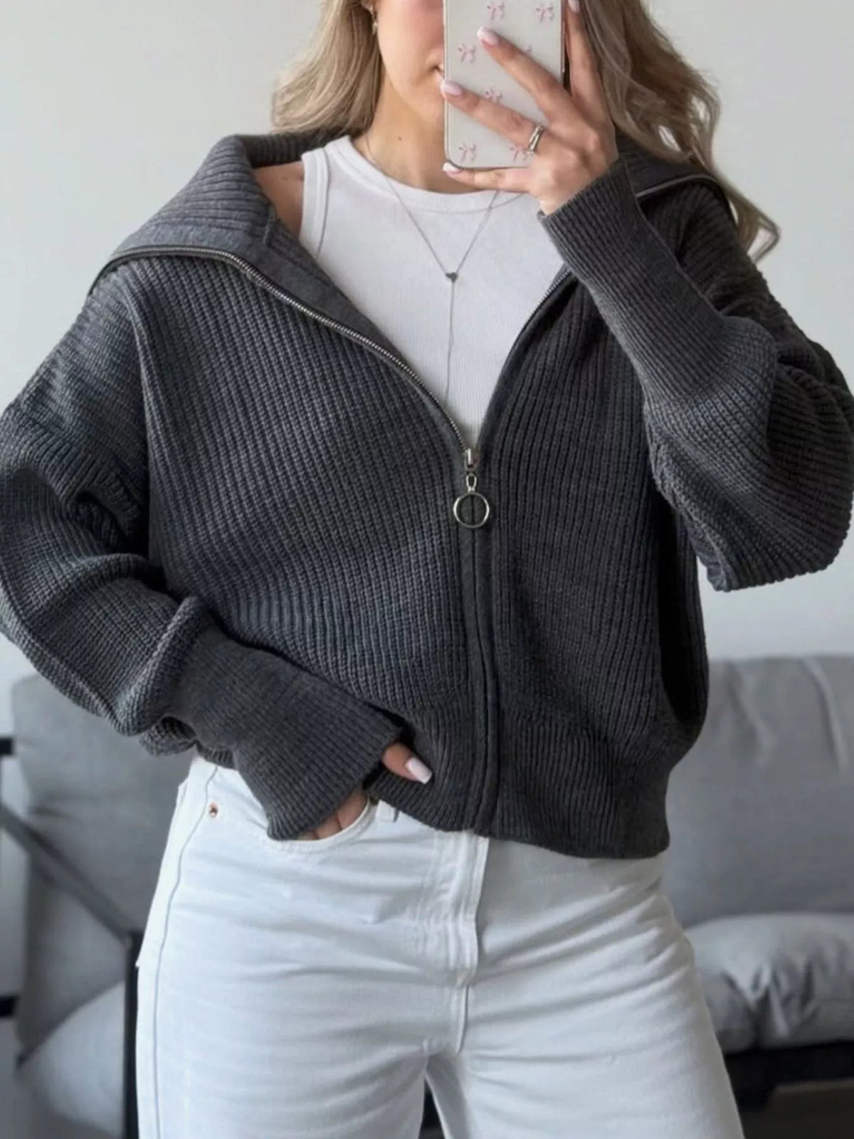 Zip Up Dropped Shoulder Cardigan