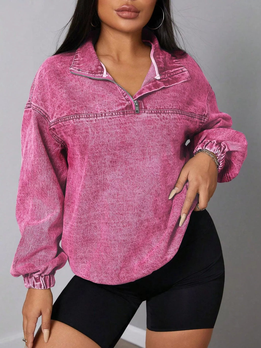 Zip Collar Long Sleeve Denim Top