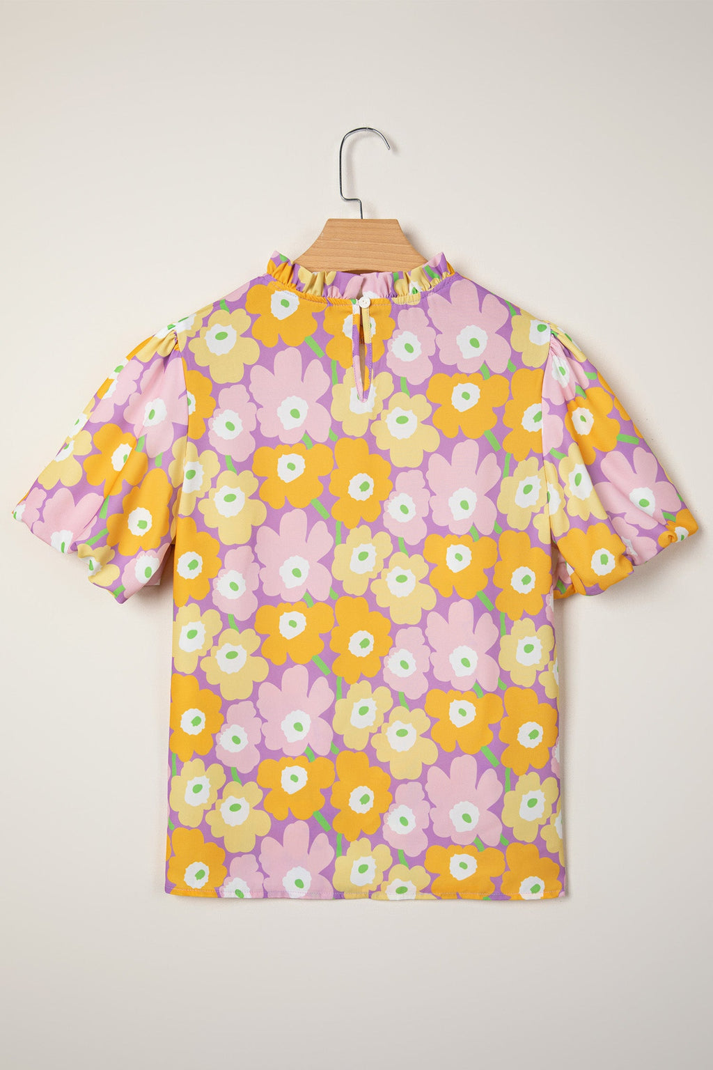 Purple Frilled Neck Puff Short Sleeve Flower Top
