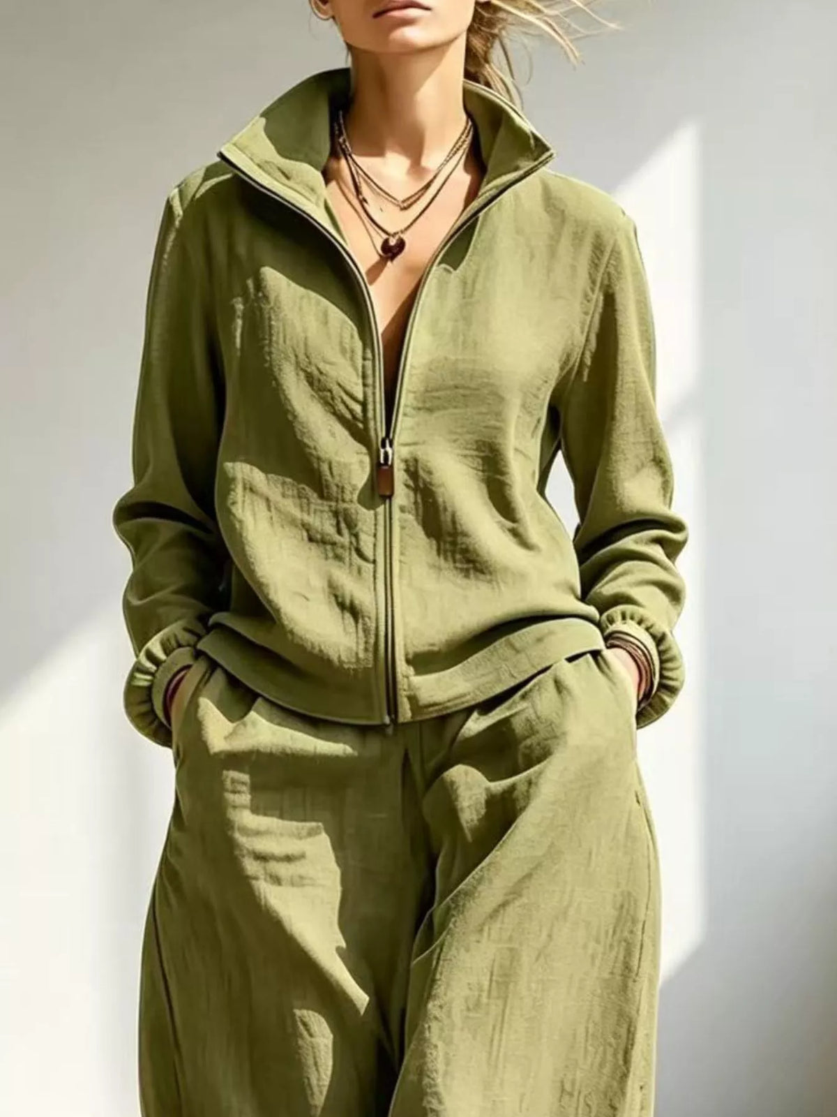 Full Size Zip-Up Jacket and Wide-Leg Pants Set Plus Size