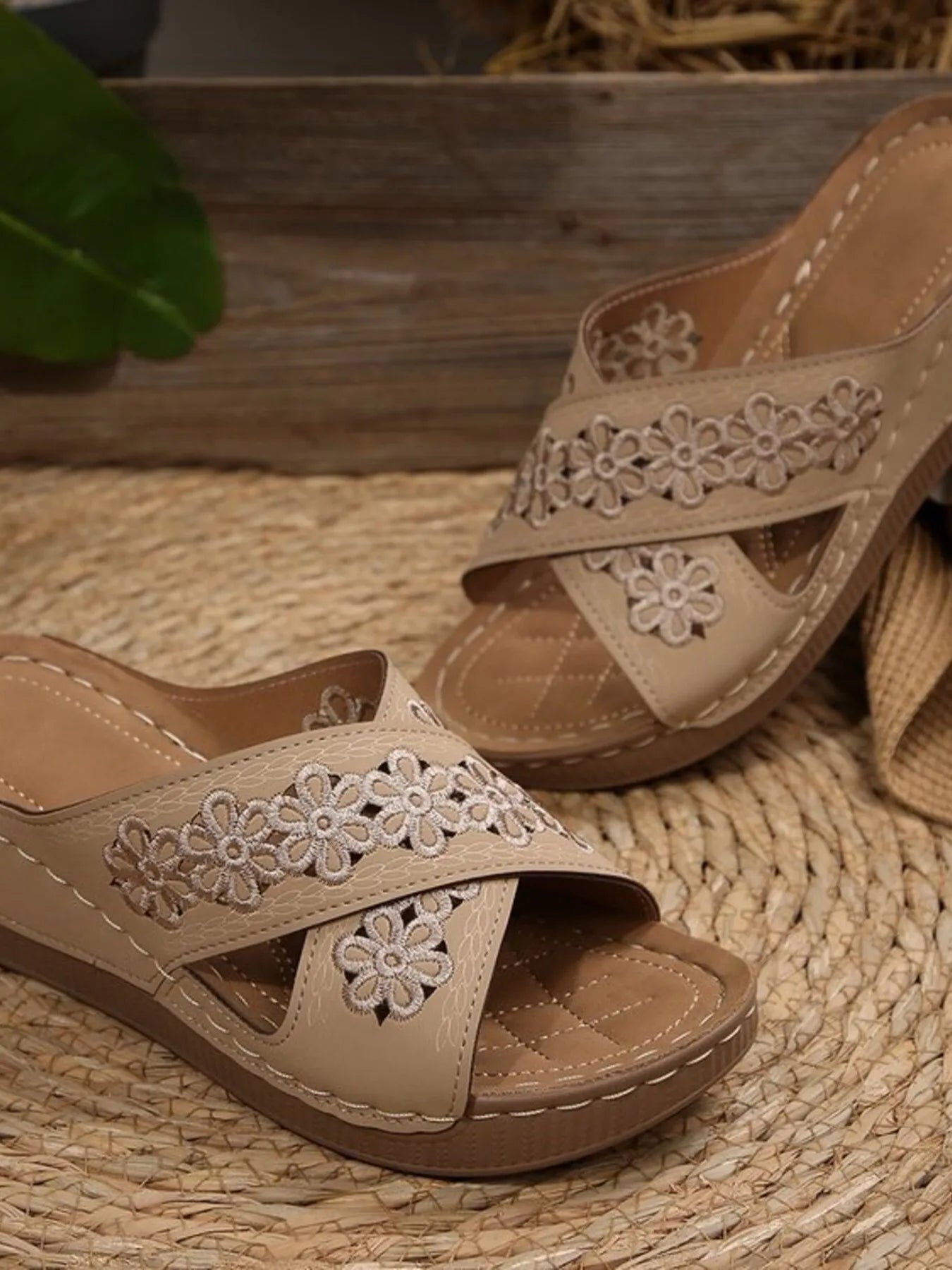 Crisscross Flower Wedge Sandals