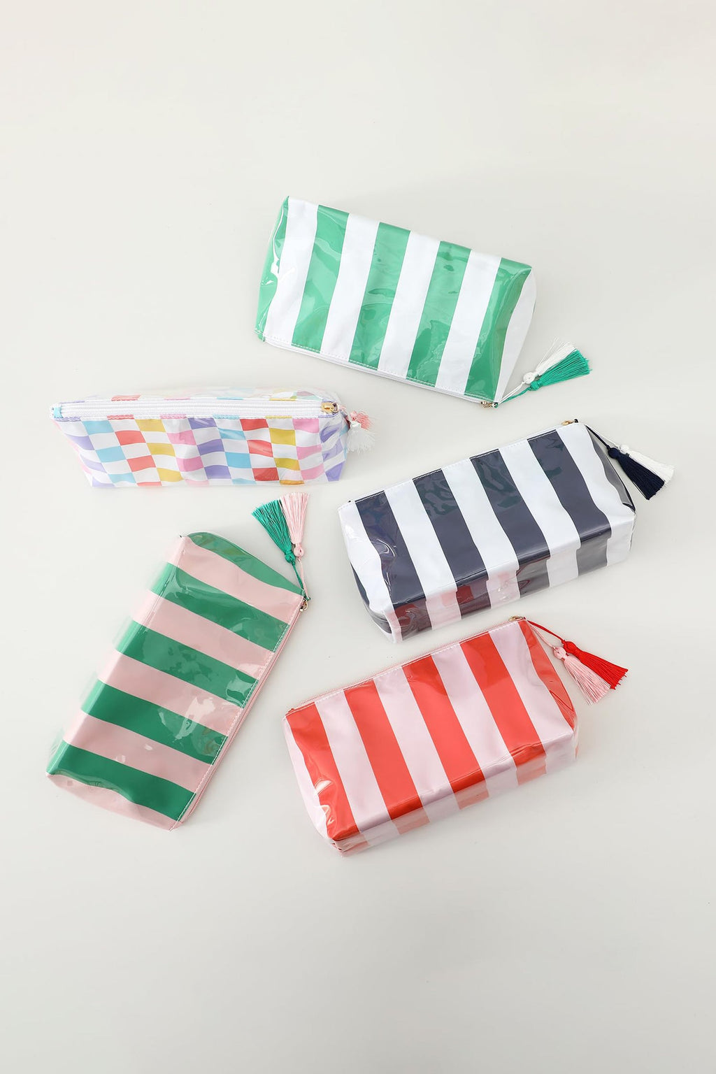 Dark Green Striped Vinyl Waterproof Tassel Zipper Makeup Bag