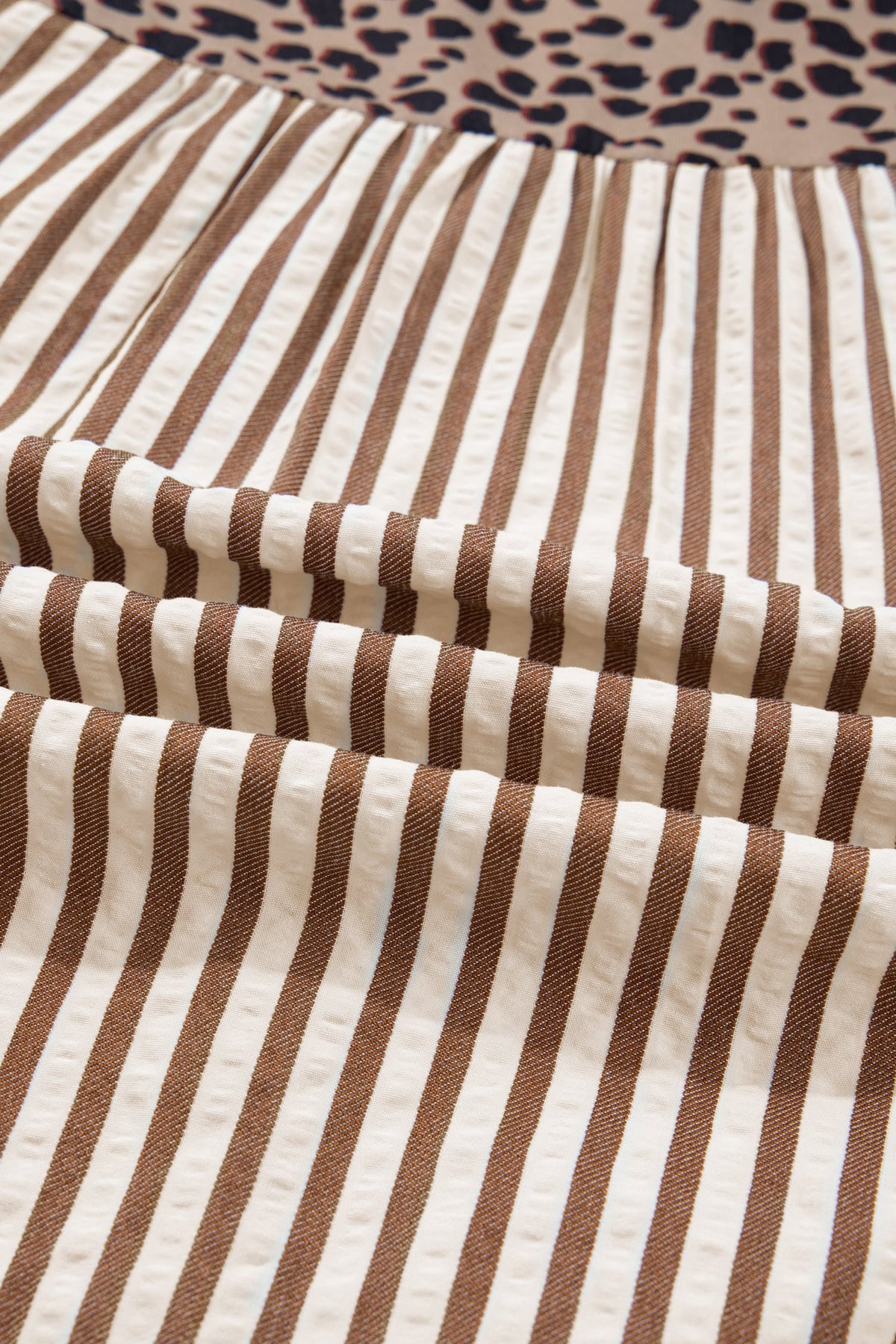 Stripe Leopard Trim V-Neck Buttoned Short Sleeve Shirt