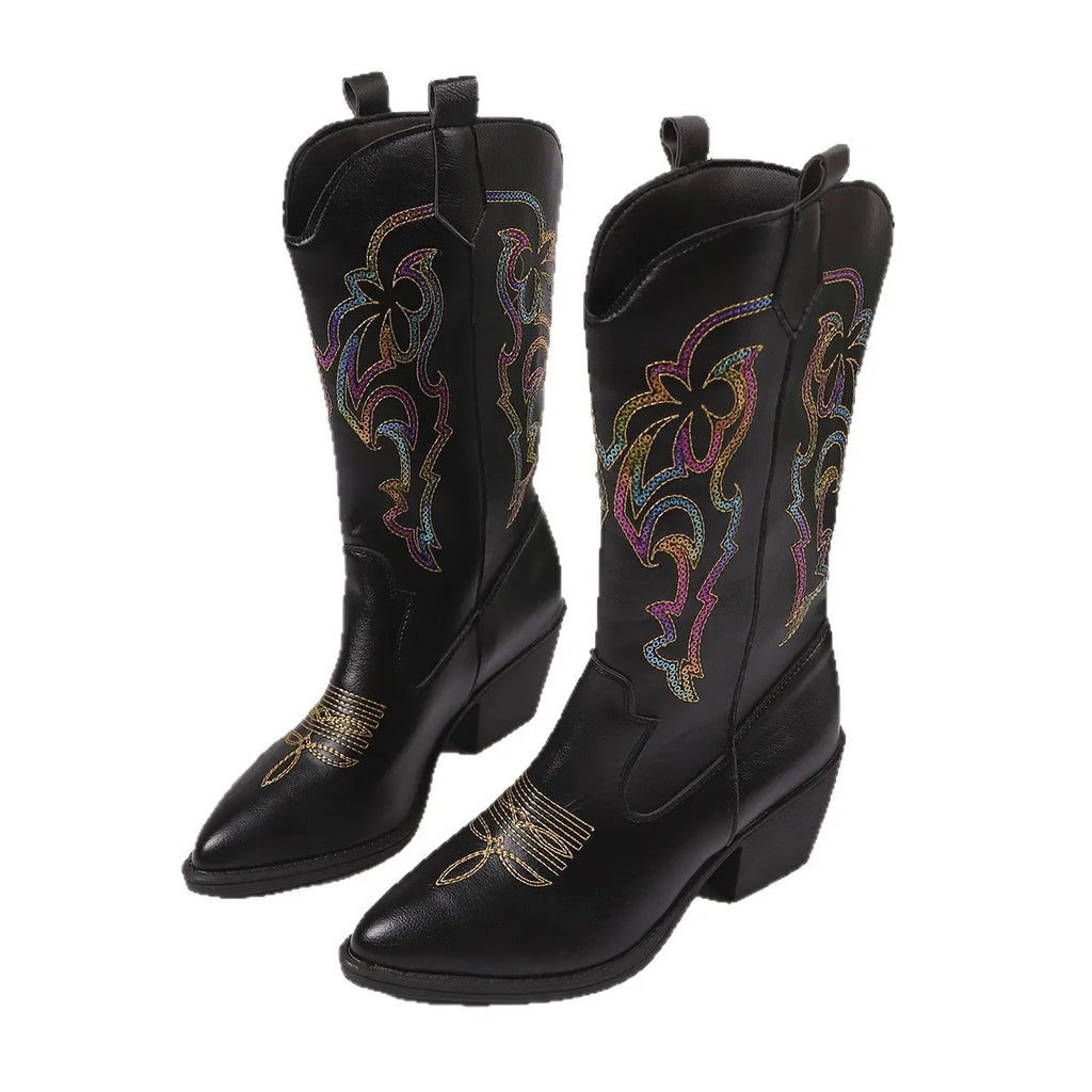 Embroidered Point Toe Block Heels Boots