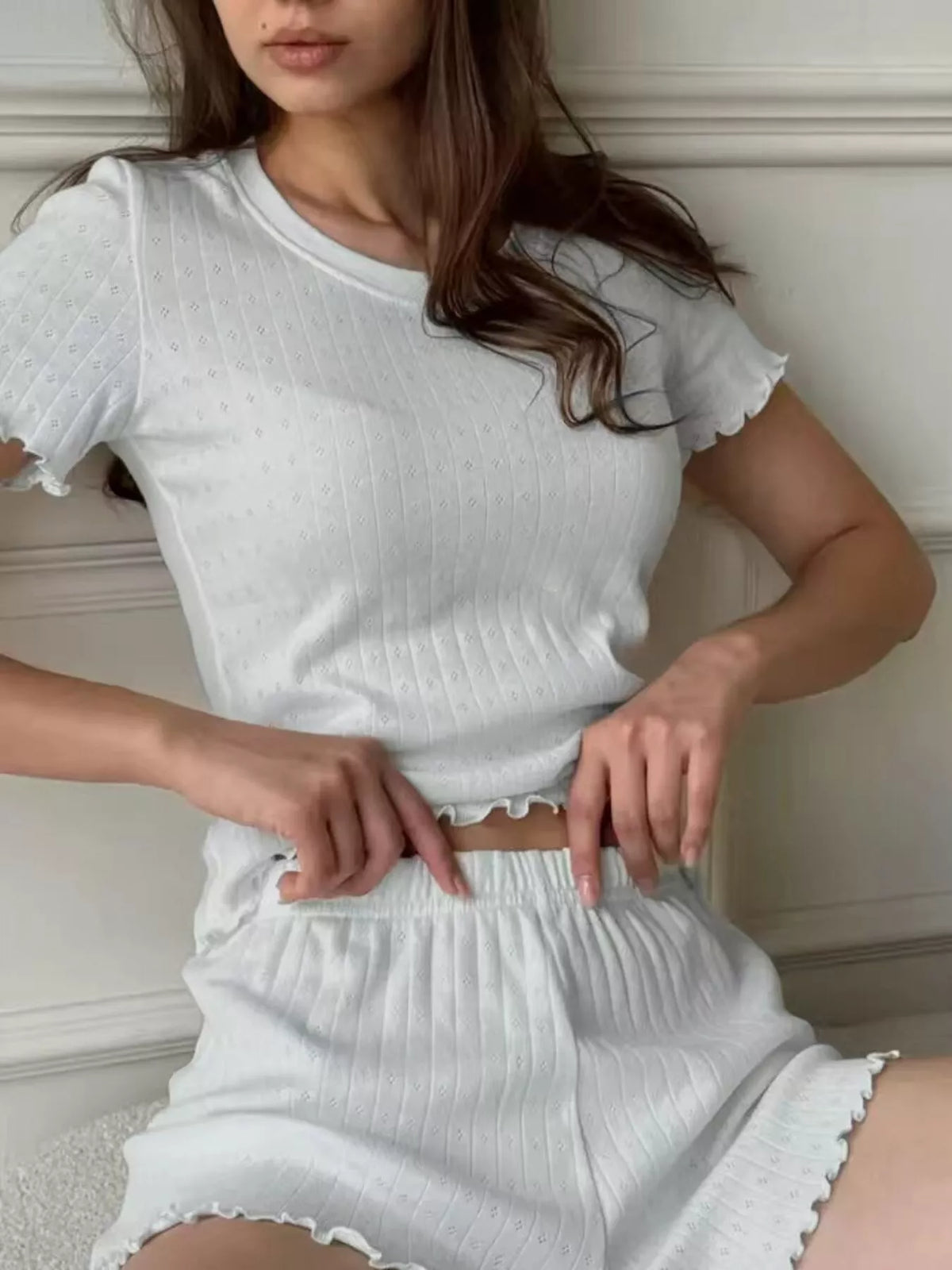 Ribbed Texture Top and Shorts Lounge Set with Lettuce Edge Trim