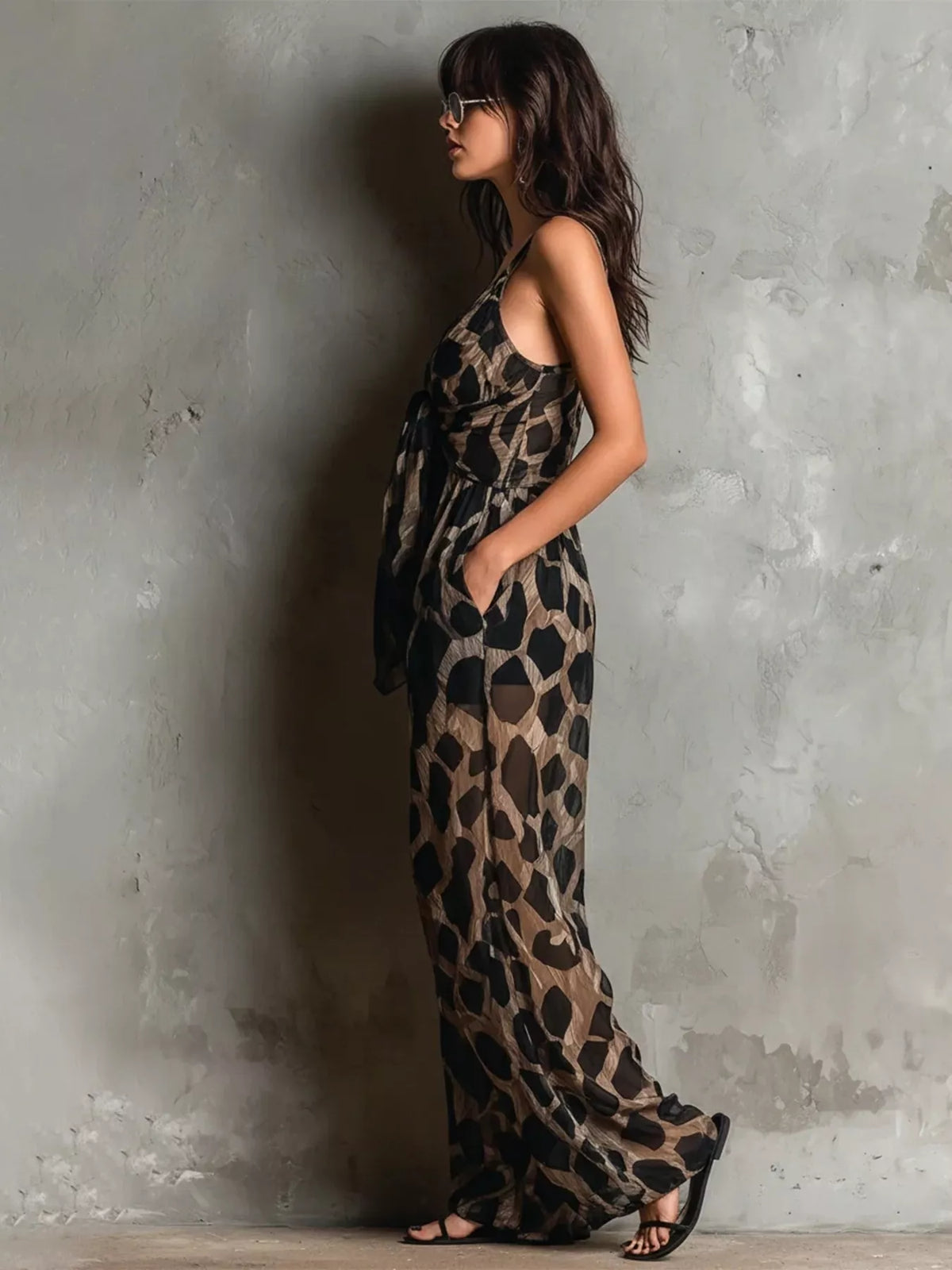 Leopard Front Tie Detail Wide-Leg Jumpsuit