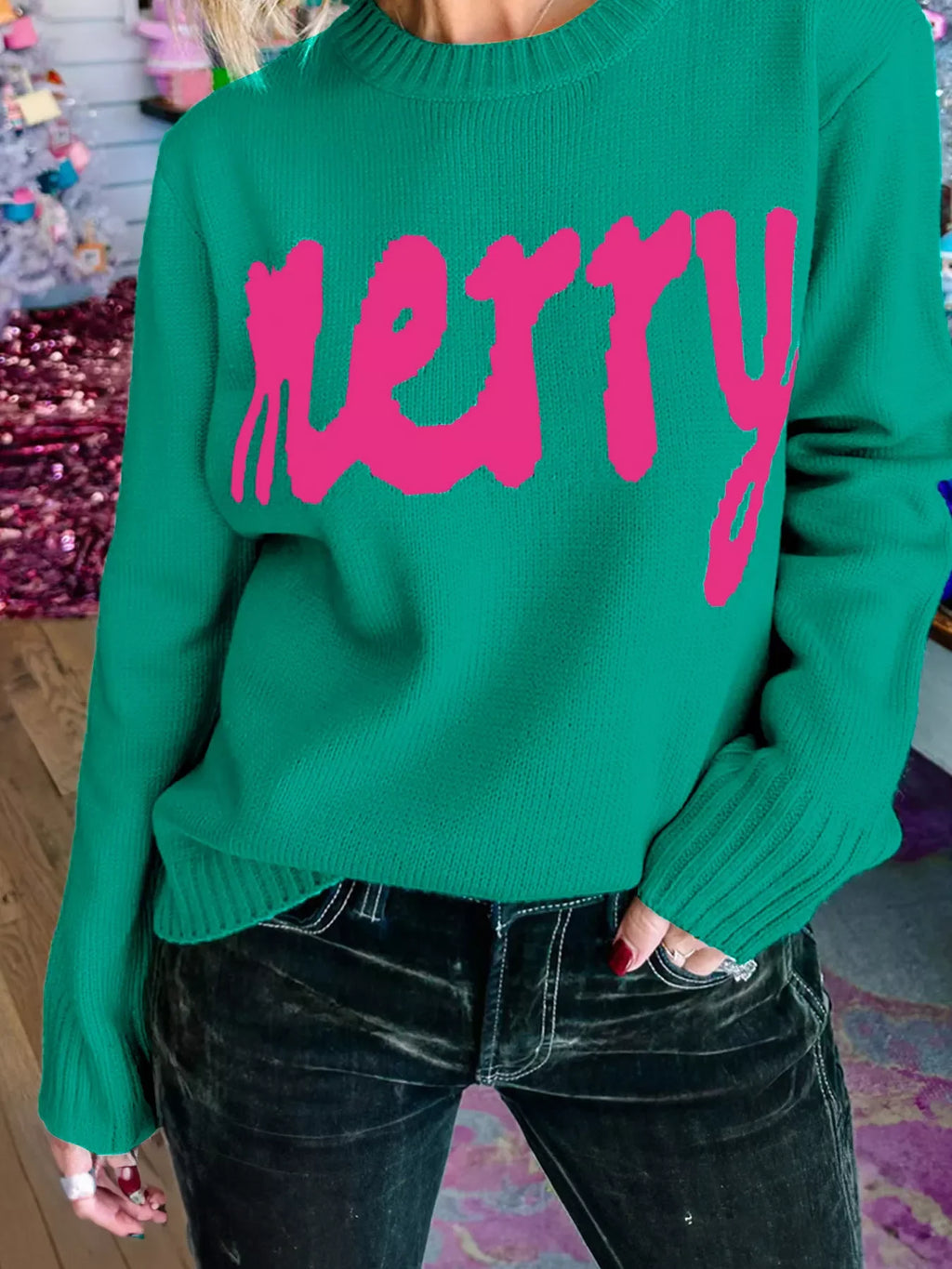 Merry Print Ribbed Trim Round Neck Loose Fit Sweater