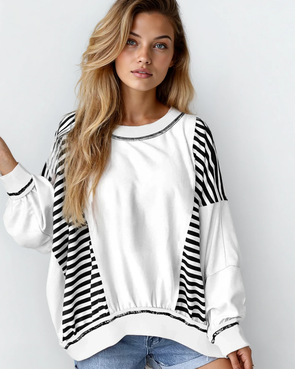 Sophie Striped Colorblock Patchwork Oversized Sweatshirt - Black