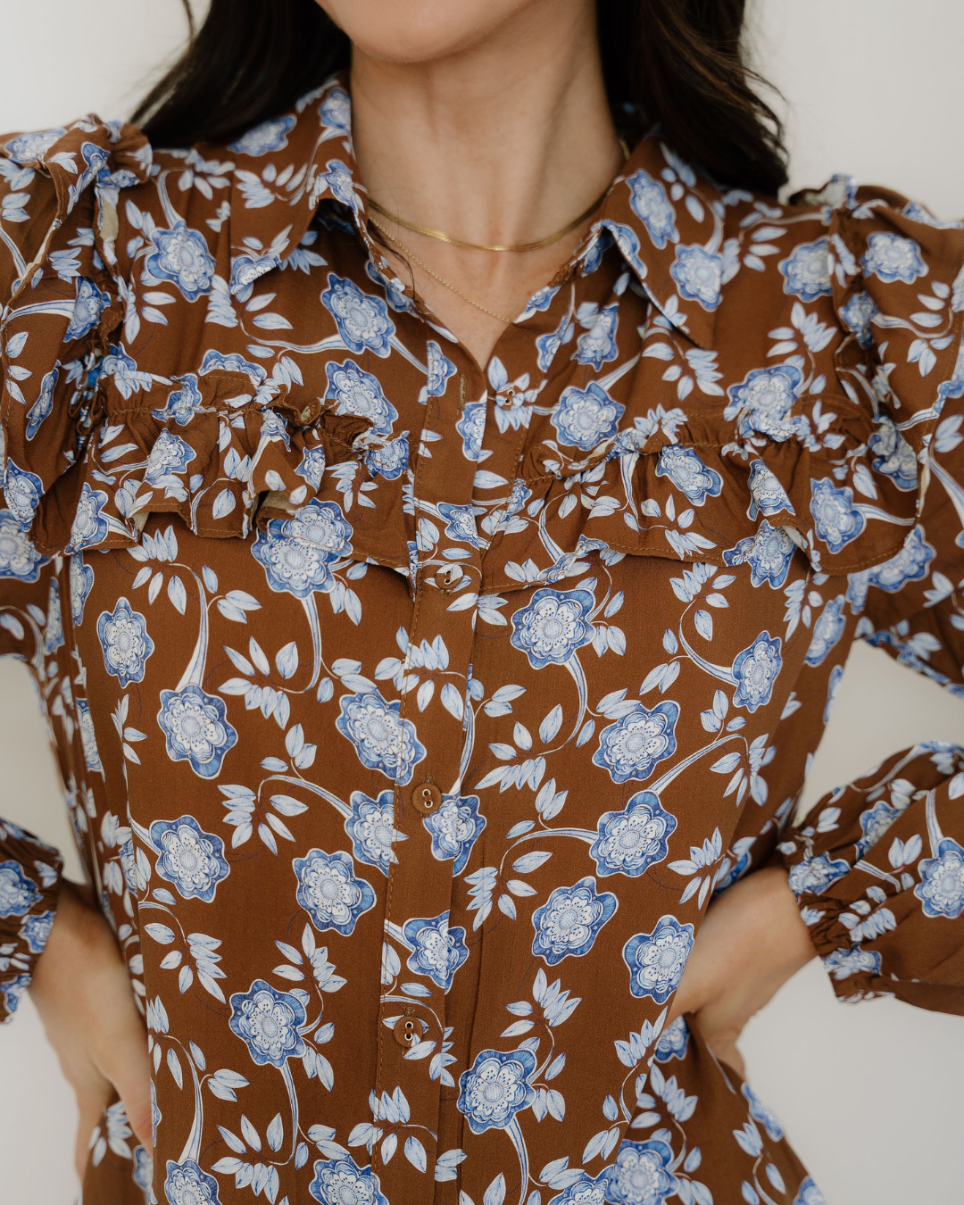 Luella Floral Print Ruffled Detail Shirt Collar Button Down Long Sleeve Dress