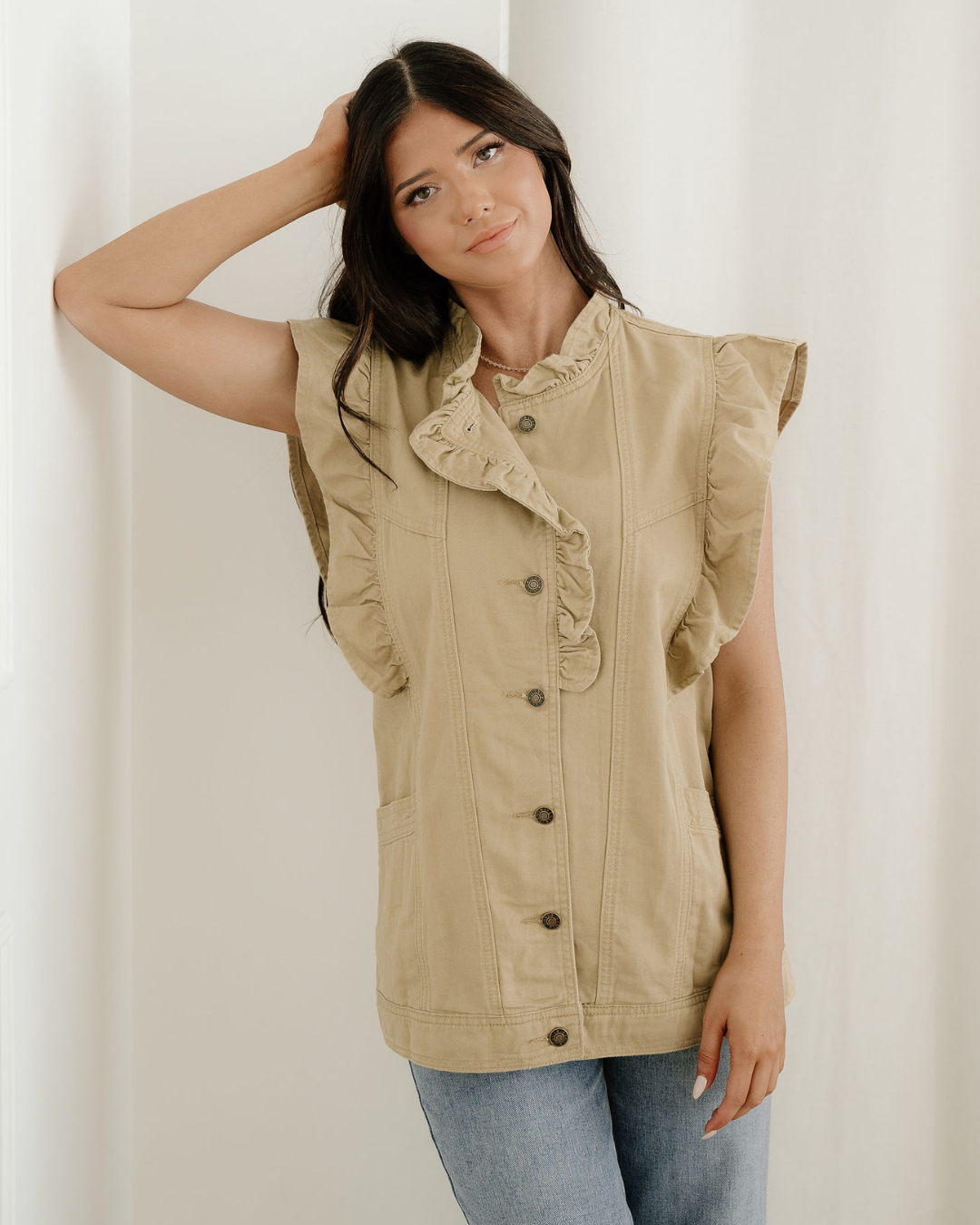 Margot Ruffle Plain Denim Jacket Vest - Khaki