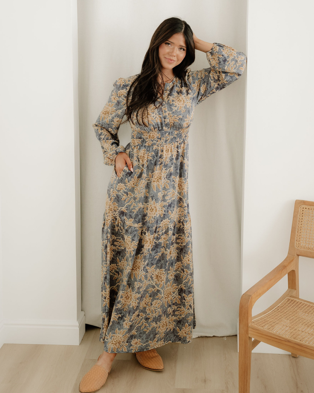 Brianna Floral Print Smocked High Waist Long Sleeve Maxi Dress - Blue