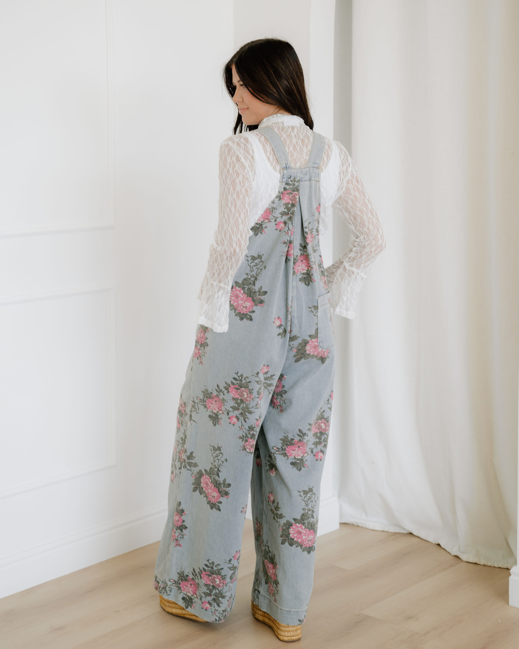 Floral Pleated Wide Leg Denim Overalls