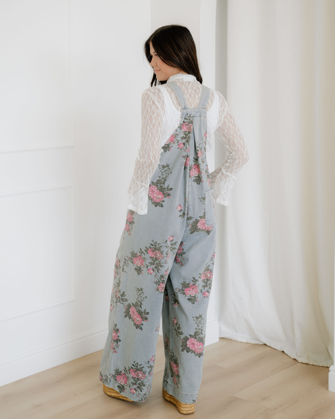 Floral Pleated Wide Leg Denim Overalls