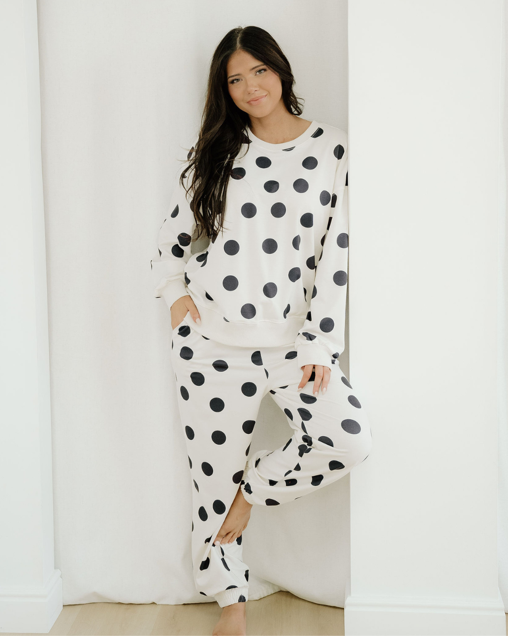 Polka Dot Print Drop Shoulder Pullover Drawstring Jogger Pant Set - Beige