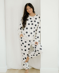 Polka Dot Print Drop Shoulder Pullover Drawstring Jogger Pant Set - Beige