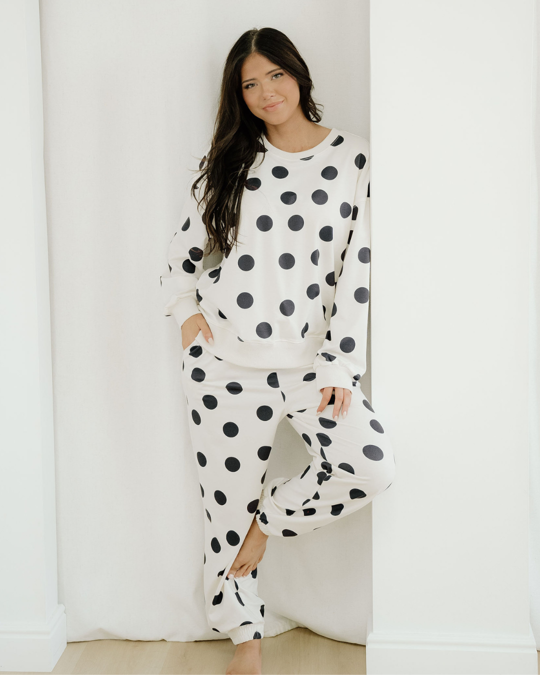 Polka Dot Print Drop Shoulder Pullover Drawstring Jogger Pant Set - Beige