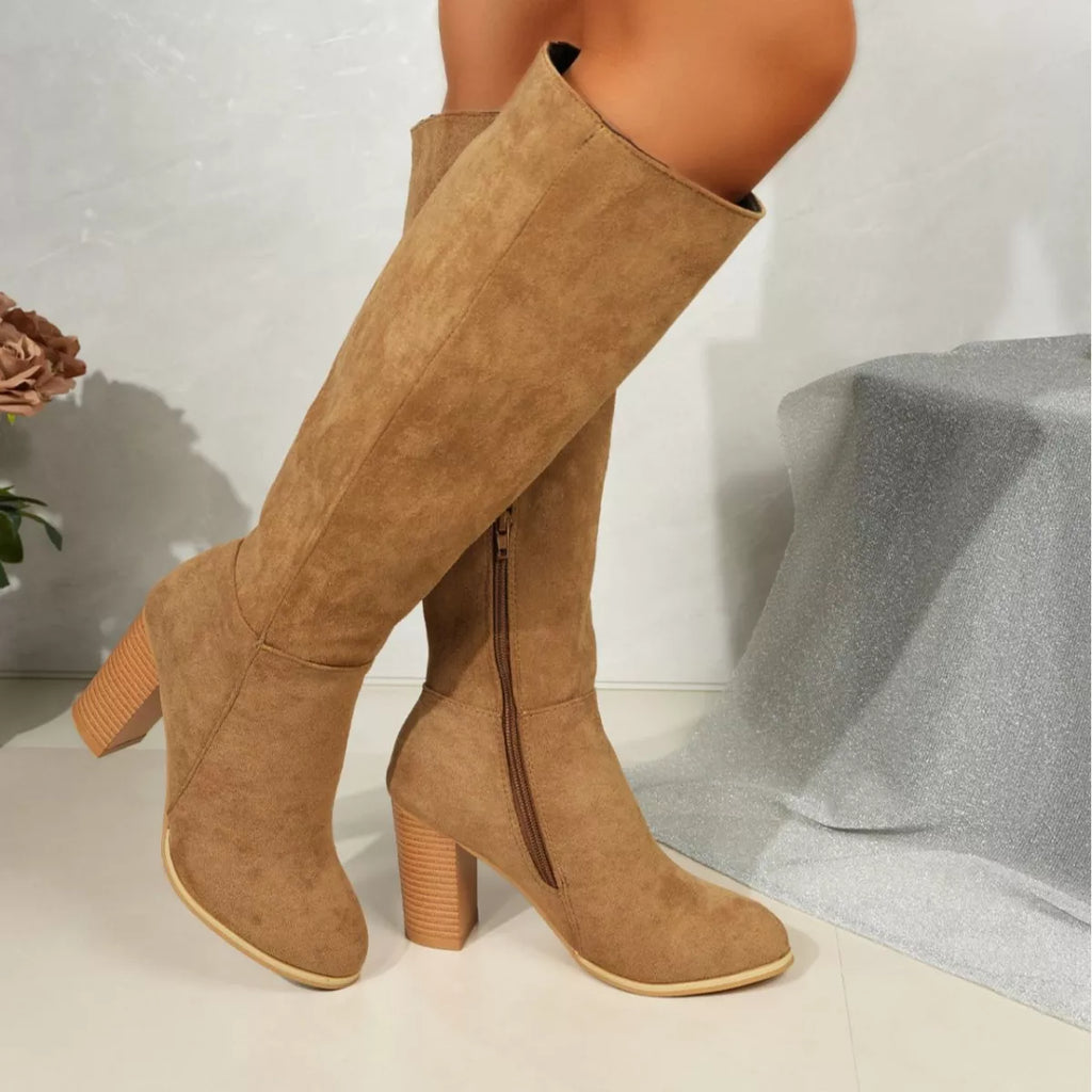 Point Toe Knee-High Suede Block Heel Boots