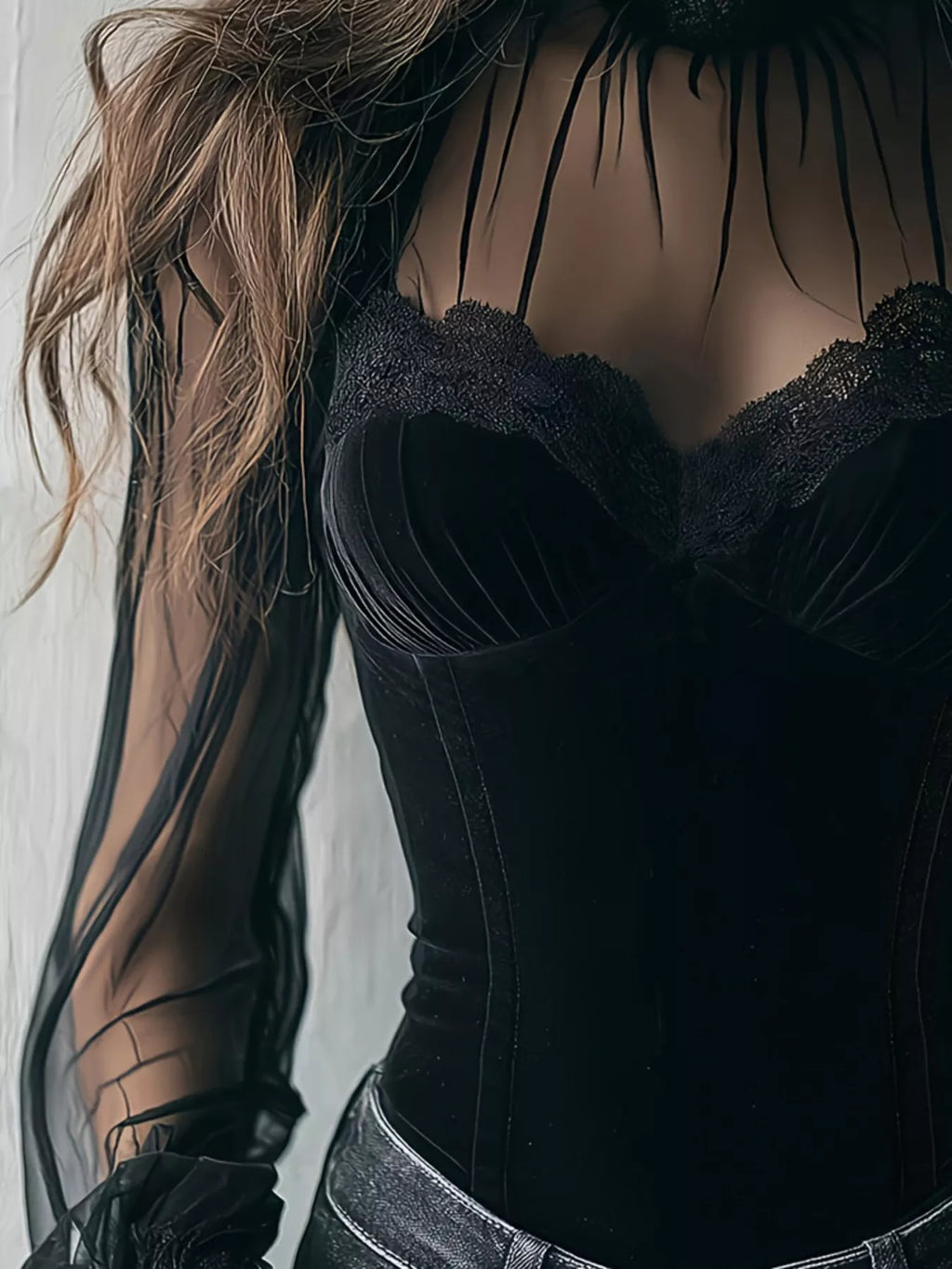 Lace Trim Velvet Sheer Sleeve Blouse