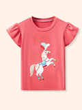 Children's Cartoon Horse Graphic Ruffle Sleeve T-Shirt