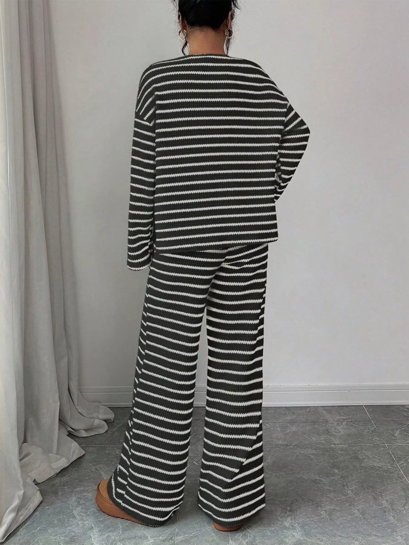 Striped Knit Dropped Shoulder Top and Pants Set
