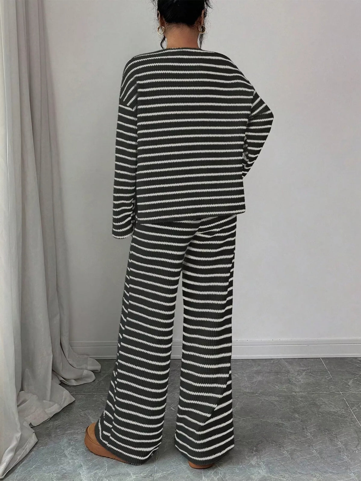Striped Knit Dropped Shoulder Top and Pants Set