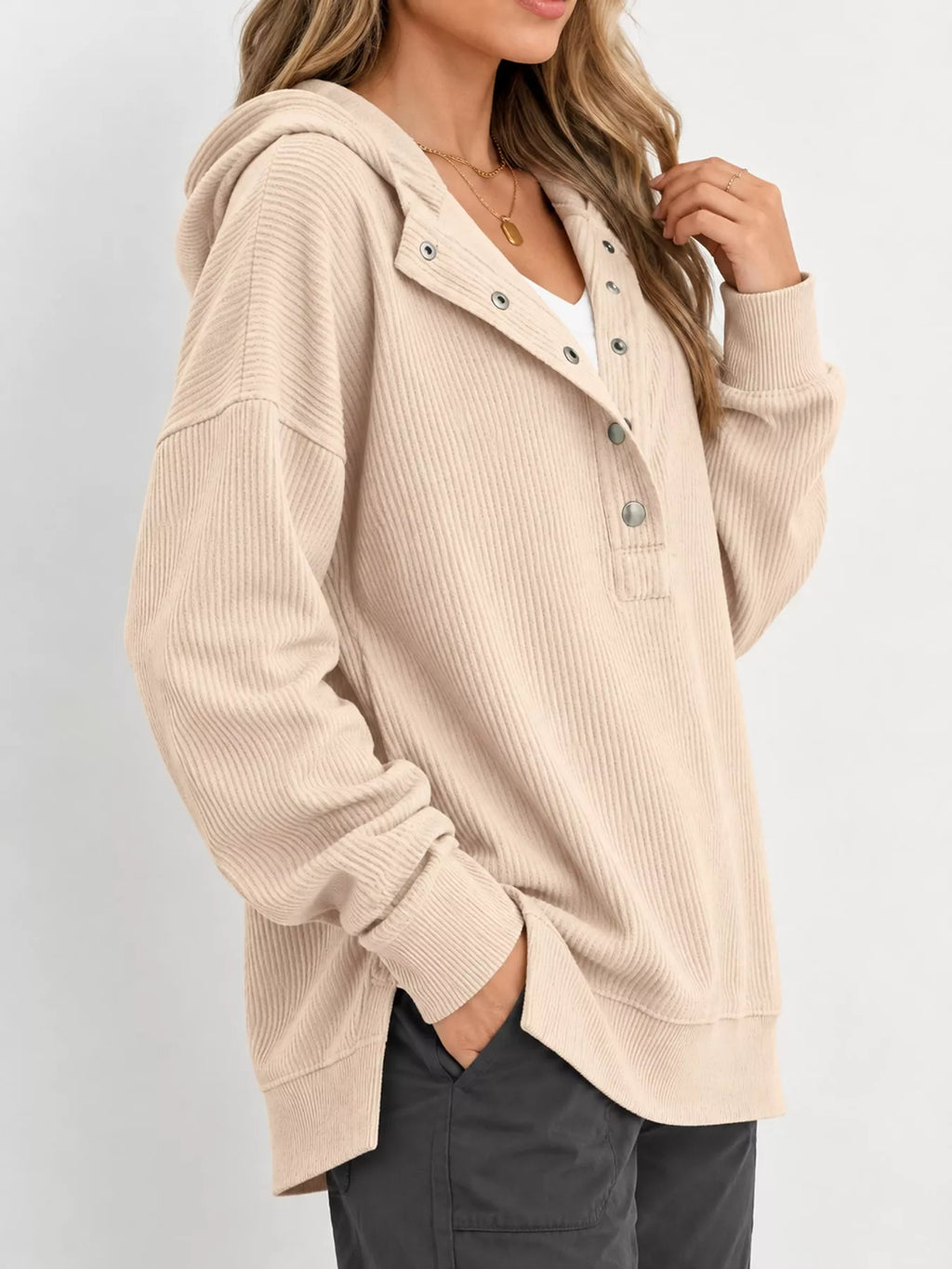 Full Size Snap Button Placket Dropped Shoulder Hoodie Plus Size
