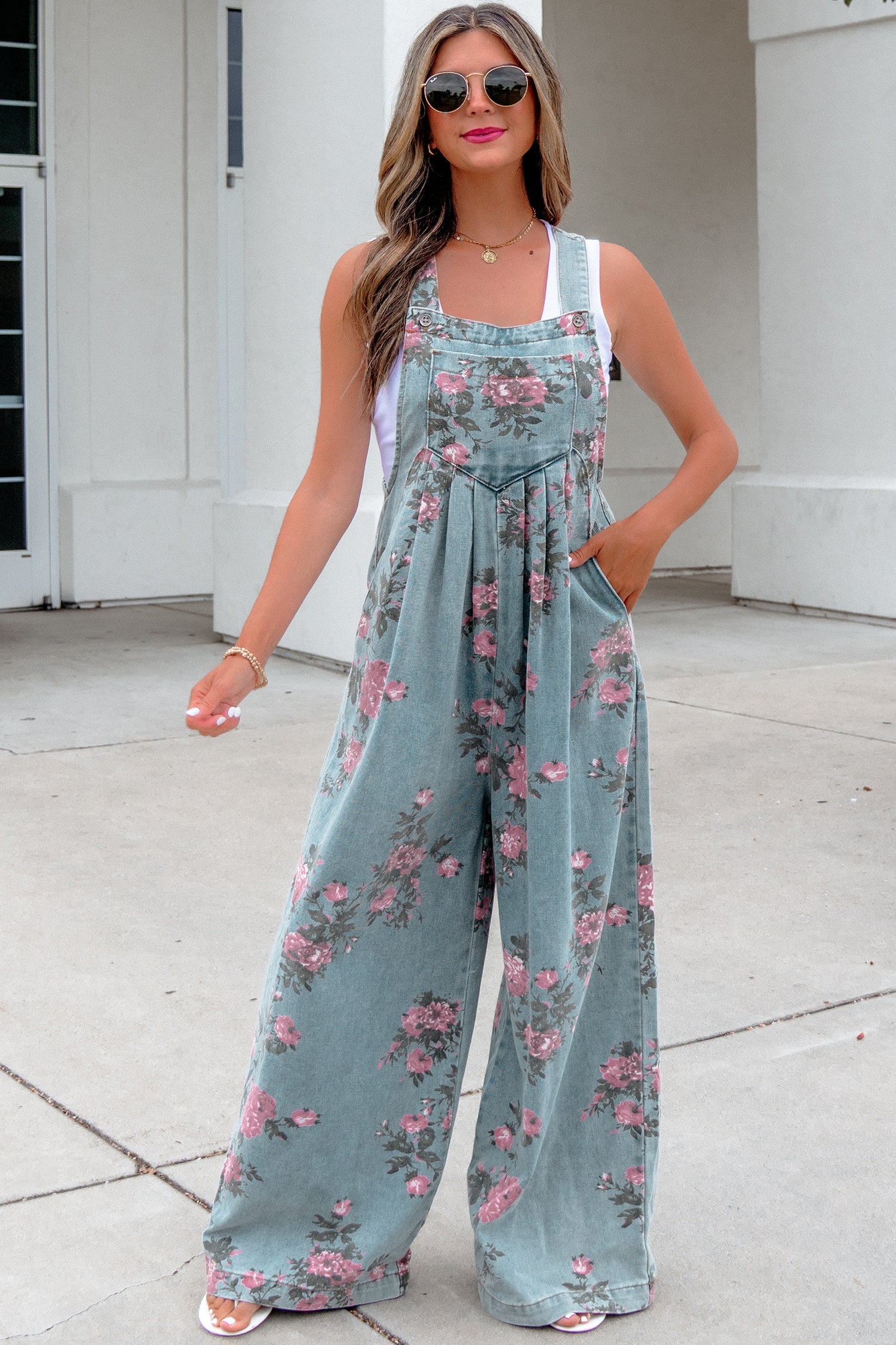 Beau Blue Floral Print Pleated High Waist Wide Leg Denim Jumpsuit