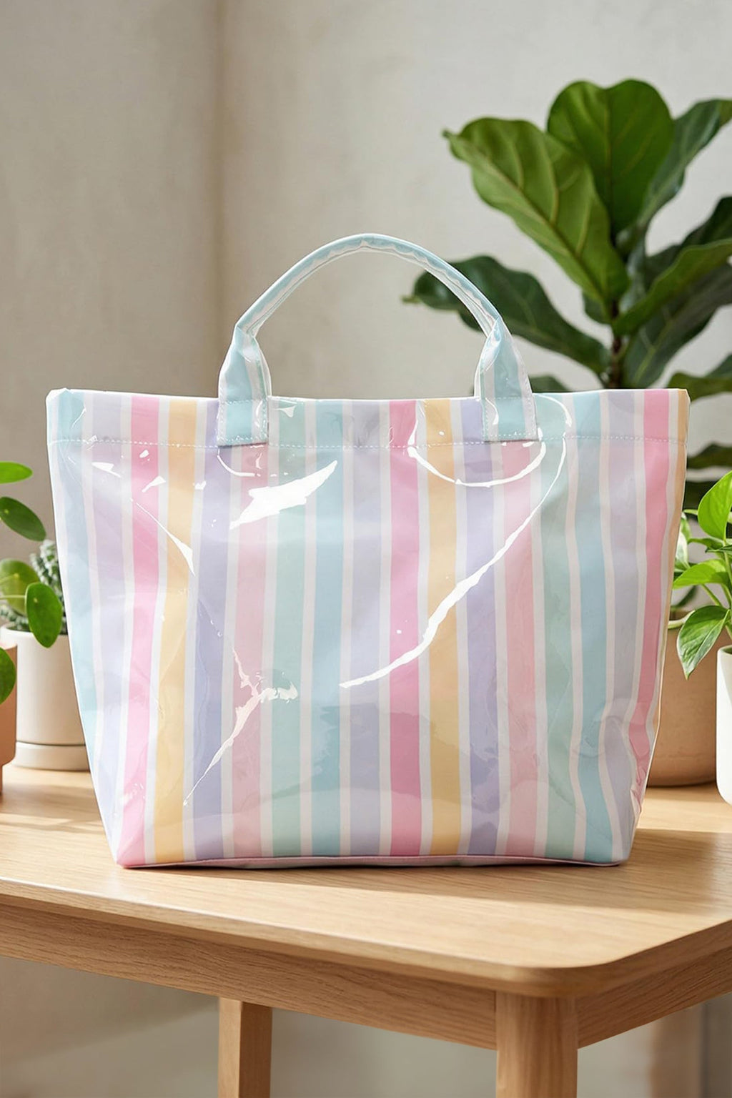 Rainbow Glossy Striped Vinyl Large Tote Bag