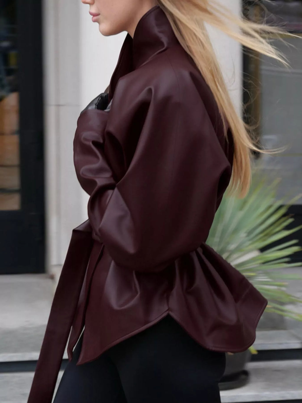Stand Collar Belted Faux Leather Jacket