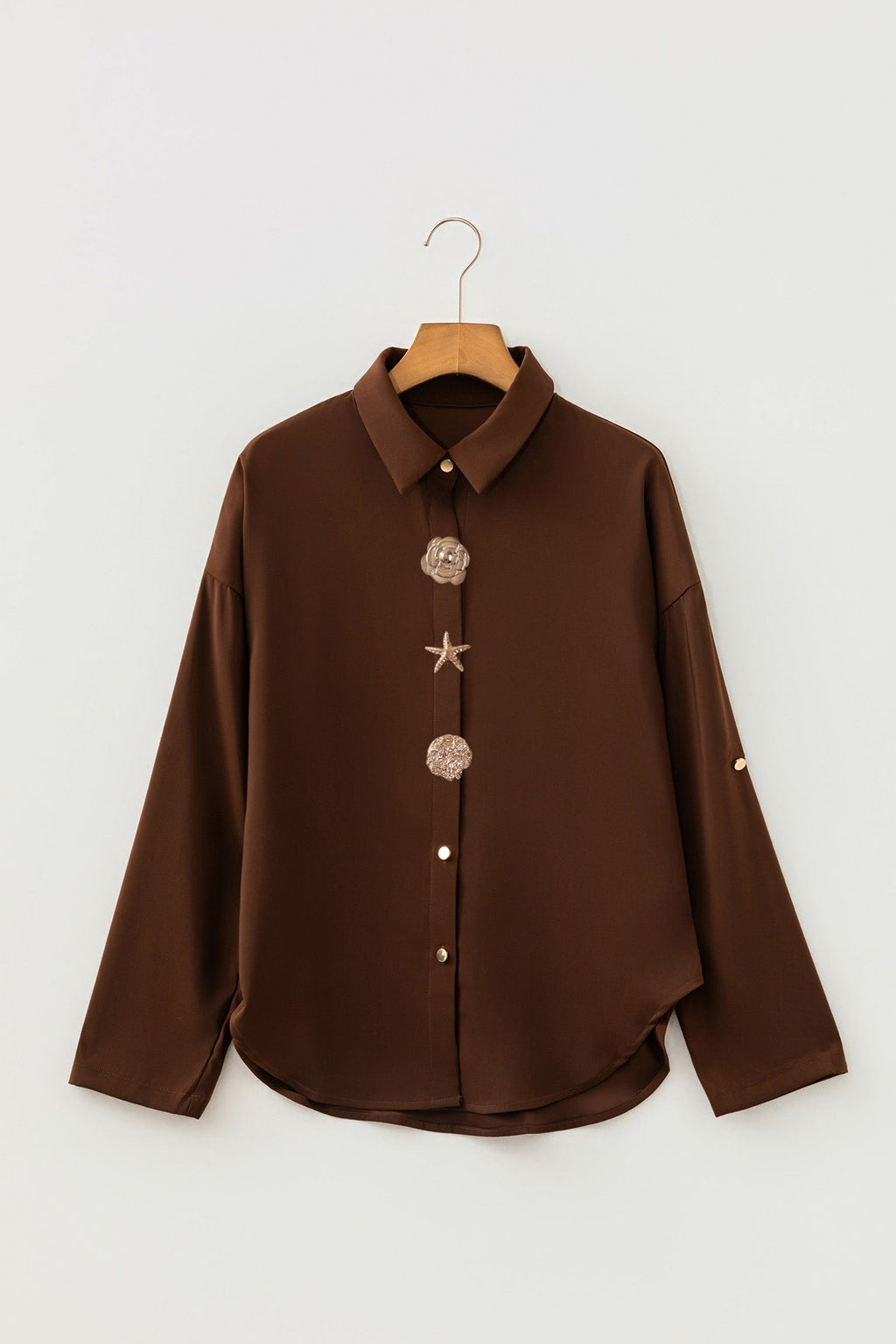 Coffee Multi Button Decoration Tab Long Sleeve Casual Shirt