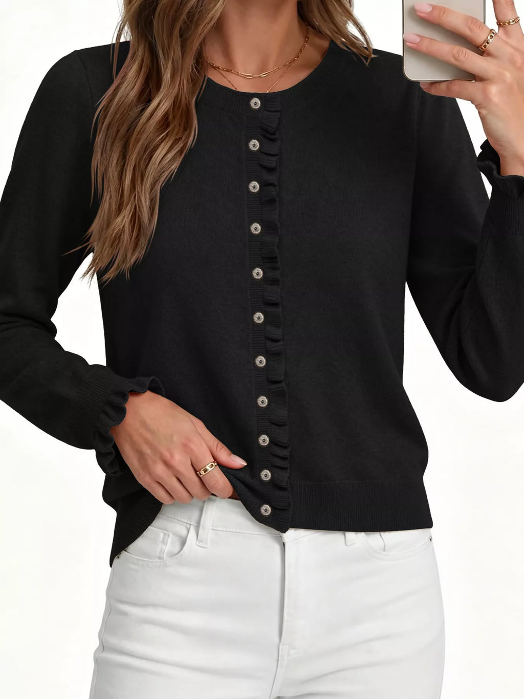 Ruffle-Trimmed Button-Down Knit Cardigan
