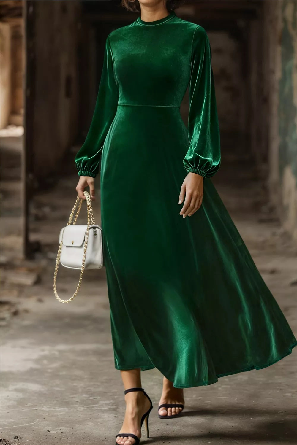 Velvet Balloon Sleeve Maxi Dress